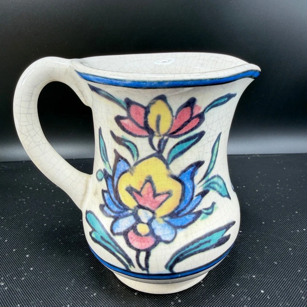 Pottery Barn Floral Iznik Ceramic Pitcher Hand Painted Crackle Glaze‎ Creamer